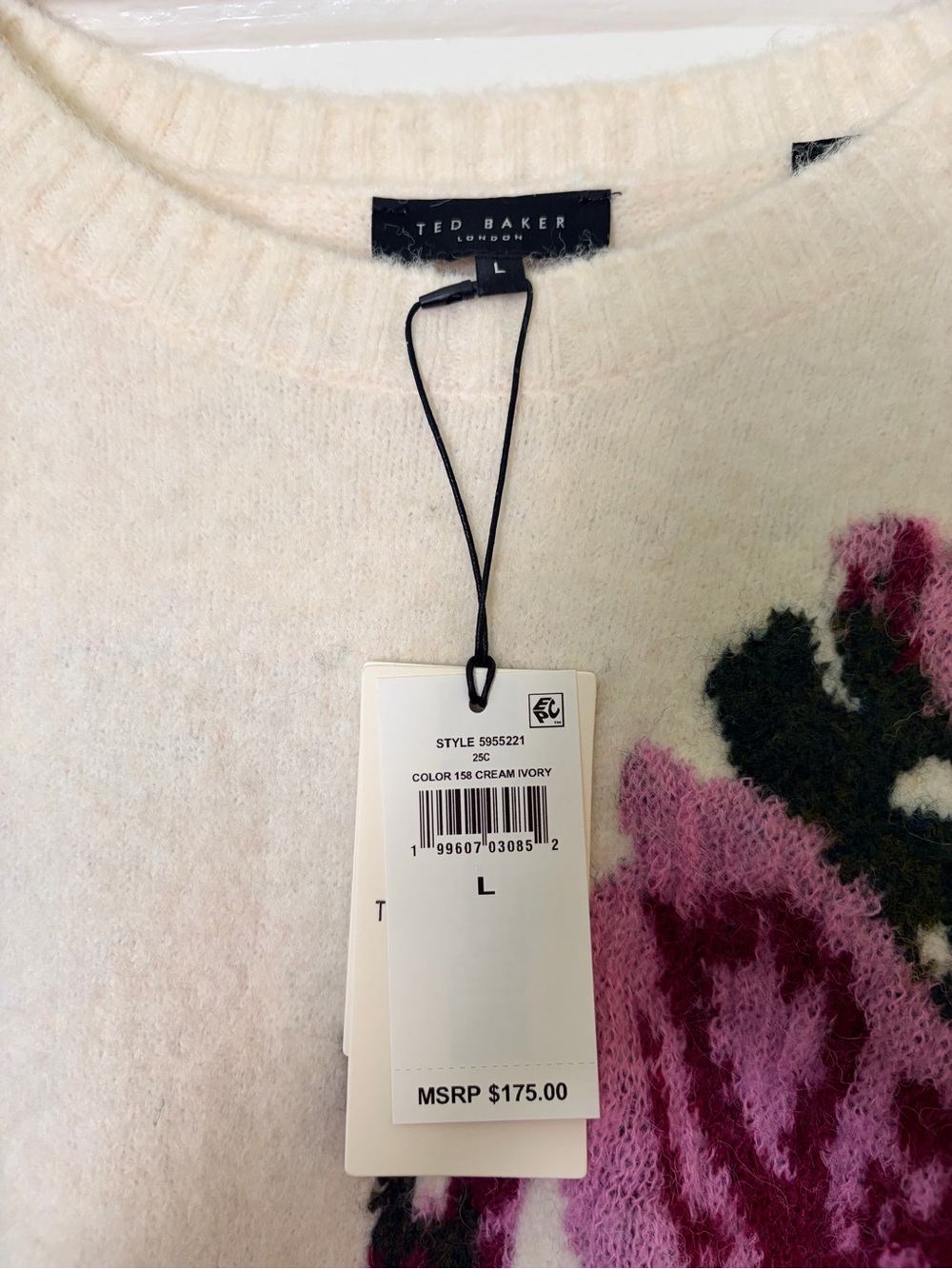 Ted Baker Cream Crewneck Sweater with Pink and Purple Floral Intarsia - Picture 4 of 10